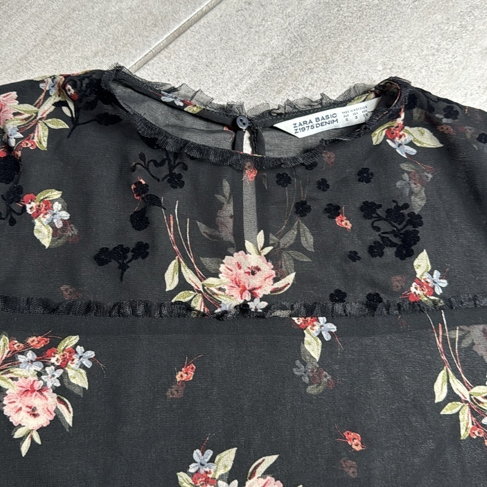 Zara Women Cut Out Flared Sleeve See Through Black Floral Blouse - Picture 9 of 9